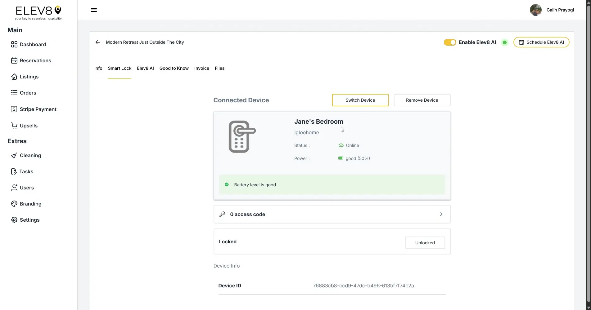 ELEV8 platform Smart Lock settings for Modern Retreat Just Outside The City.