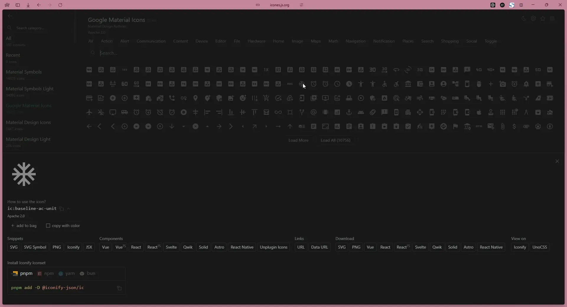 Google Material Icons interface showing icon selection and usage details.
