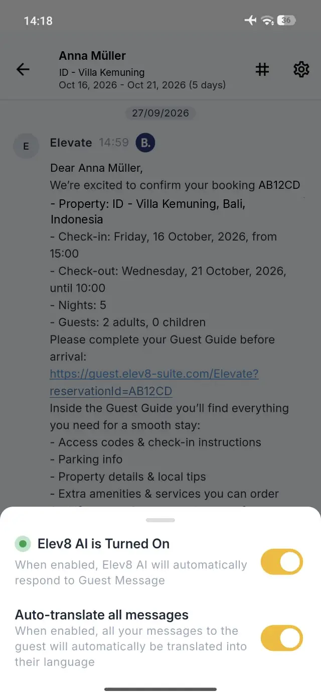 Elev8 Go app Inbox screen showing booking confirmation for Anna Müller at Villa Kemuning with AI and translation settings.