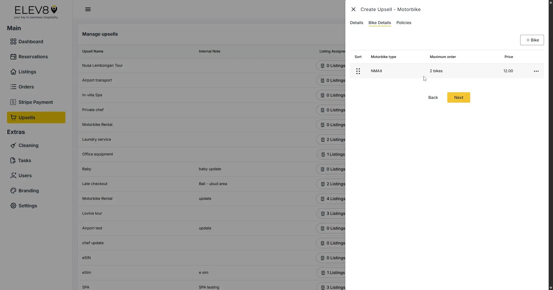 ELEV8 platform Manage Upsells and Create Upsell - Motorbike screen