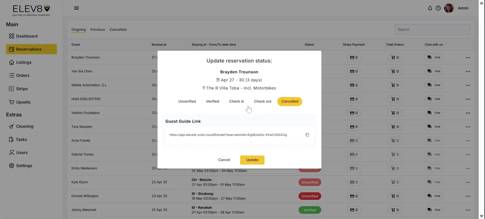 ELEV8 Reservations section with update reservation status modal for Brayden Trounson.