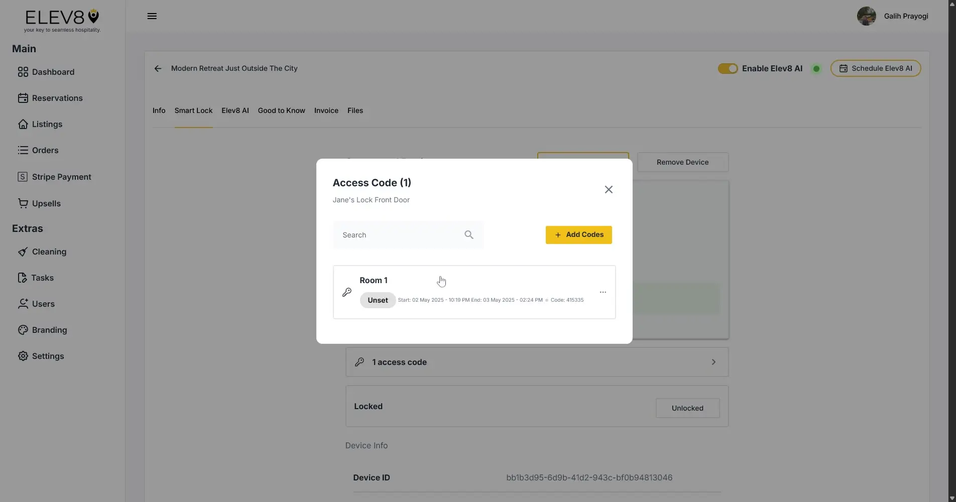 ELEV8 platform interface showing access code management for a smart lock under the Smart Lock tab.
