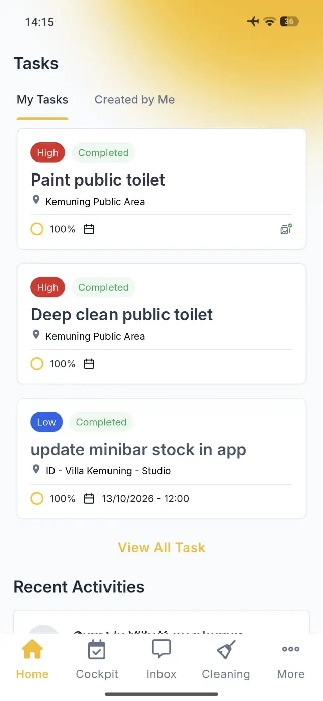 Elev8 Go app Tasks screen showing My Tasks with task details and navigation options.