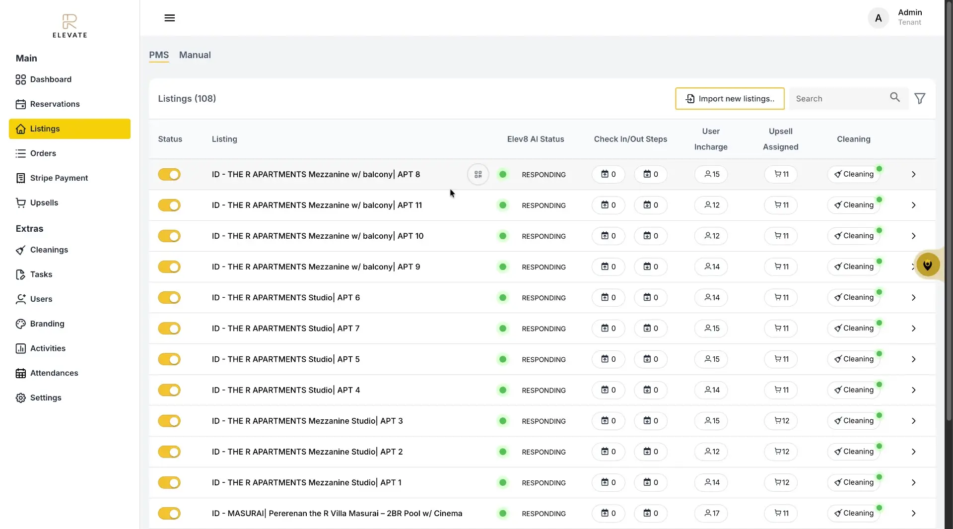 The ELEV8 product screenshot displays a list of listings with their status, AI status, check-in/out steps, user in charge, upsell assigned, and cleaning status.