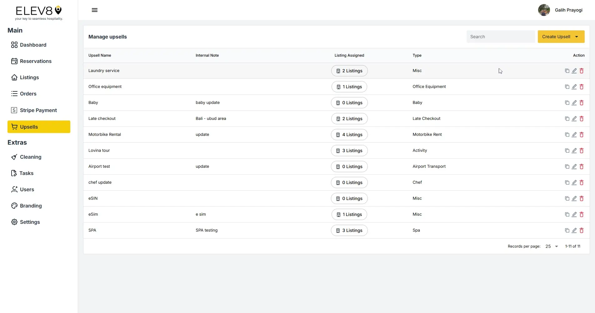 ELEV8 platform Manage Upsells page showing a list of upsell options with columns for internal notes, listings assigned, type, and action buttons.