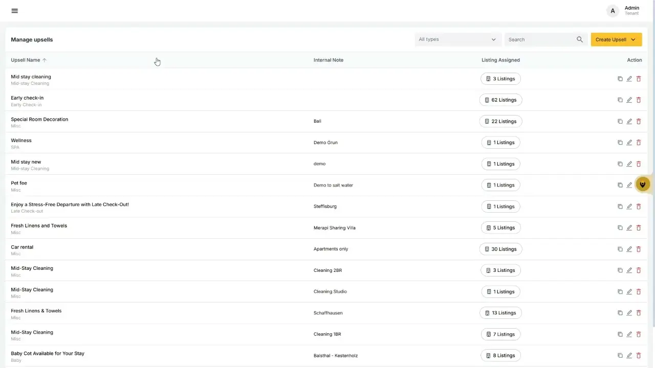 The user is viewing the "Manage upsells" page, which lists various upsell options like "Mid stay cleaning" and "Early check-in". Each upsell has an internal note and a count of assigned listings.