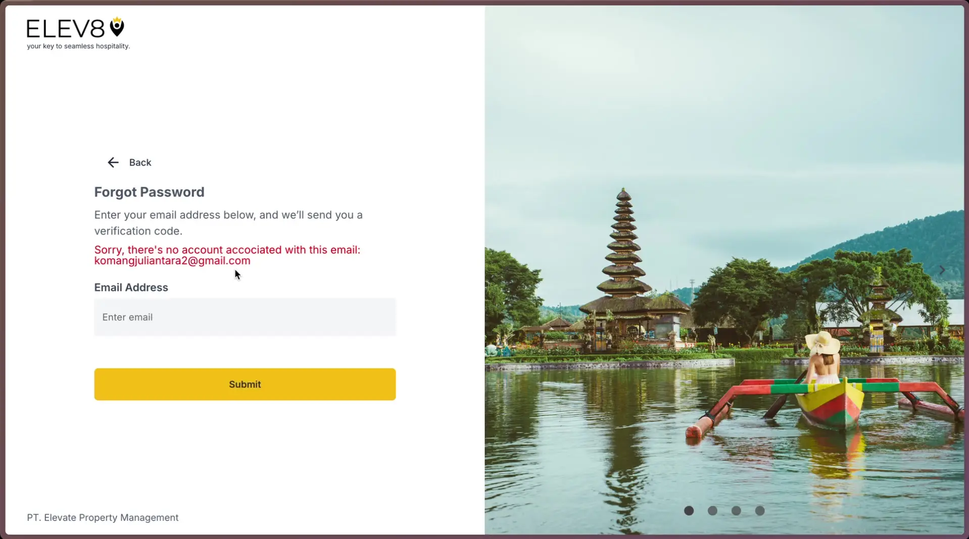 ELEV8 Forgot Password page with error message for unrecognized email.