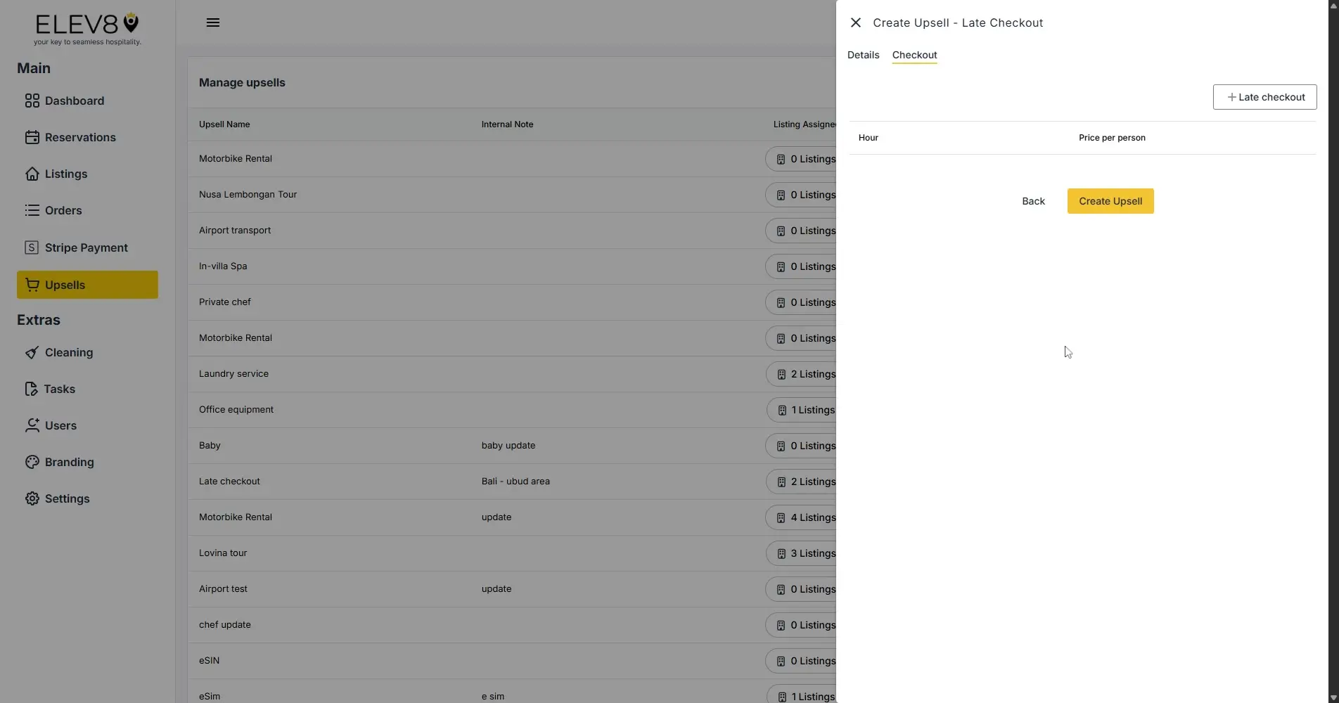 ELEV8 platform upsell management screen with navigation menu and create upsell panel.