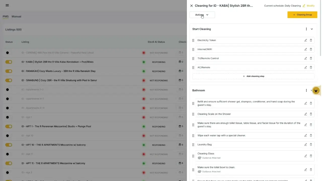 The user is viewing the cleaning checklist for a specific property, ID - KABA. The checklist is divided into sections like 'Start Cleaning' and 'Bathroom', with individual tasks and options to add more steps or cleaning groups.