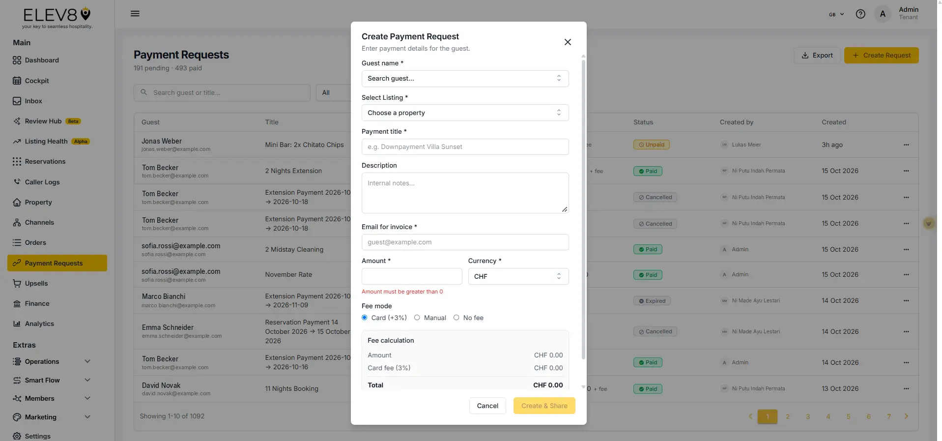 ELEV8 Create Payment Request interface with fields for guest name, listing, payment title, description, email, amount, currency, and fee mode options.