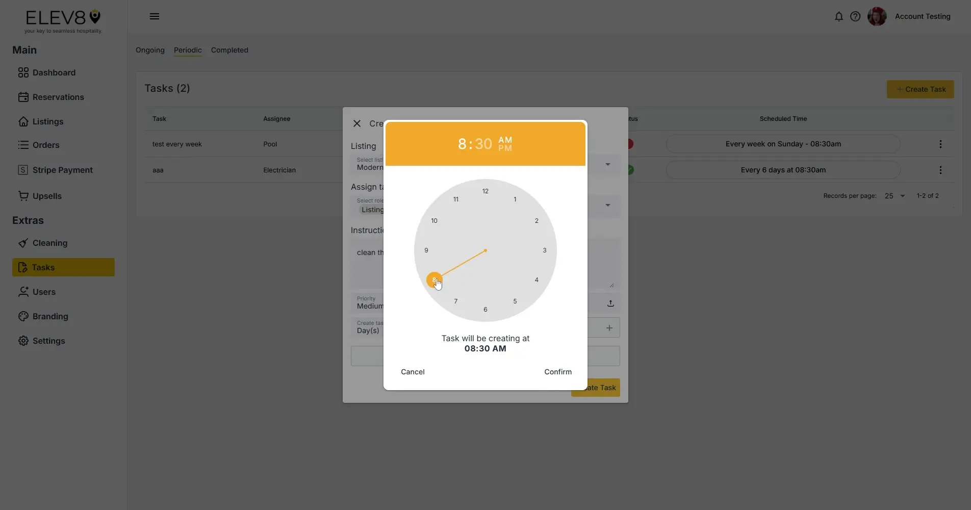 ELEV8 Tasks section with time setting pop-up for task creation