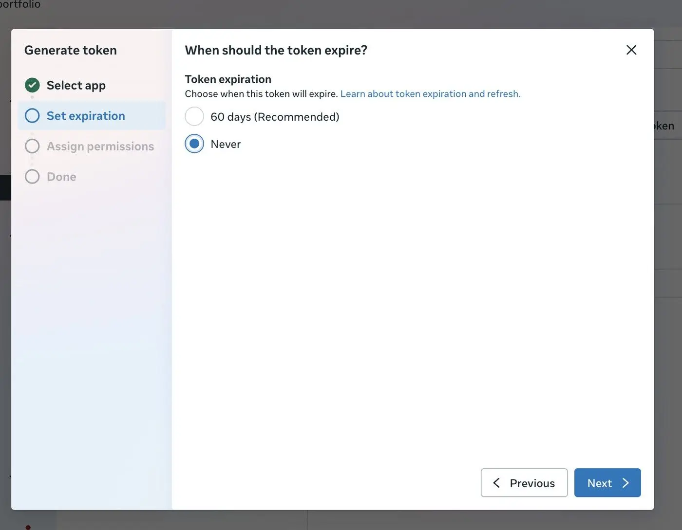 The user is presented with a modal to set the expiration date for a token. They can choose between a recommended 60-day expiration or select 'Never' for indefinite validity.