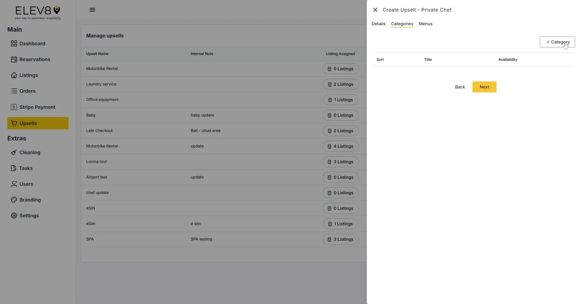 ELEV8 platform Manage Upsells and Create Upsell interface