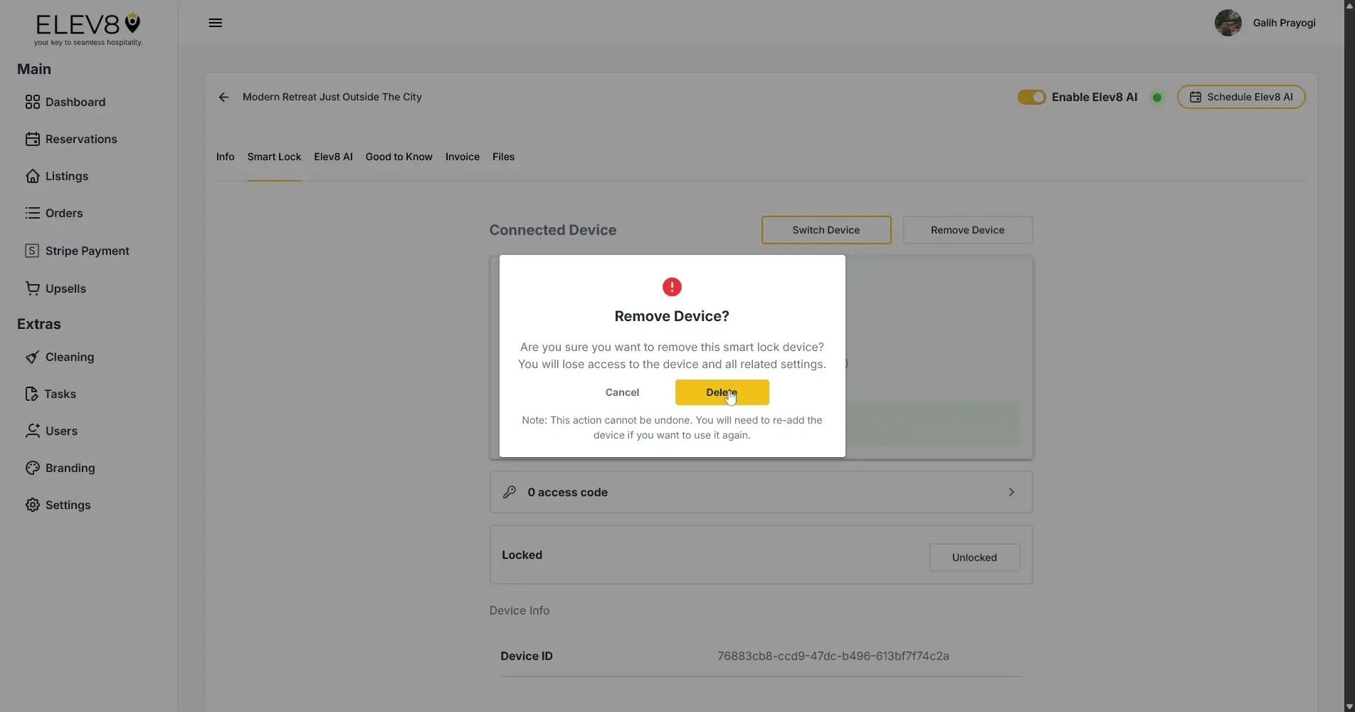 ELEV8 Settings screen with a pop-up for removing a smart lock device.