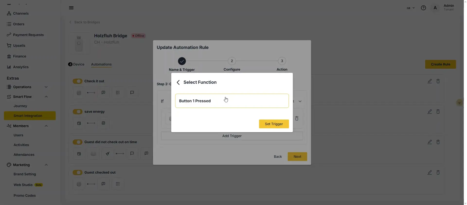 The user is configuring an automation rule for the Holzfluh Bridge. They are currently in the process of selecting a function for the trigger, specifically choosing 'Button 1 Pressed'.