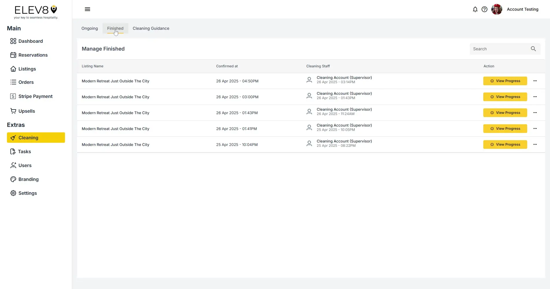 ELEV8 platform Cleaning Finished tab showing completed tasks