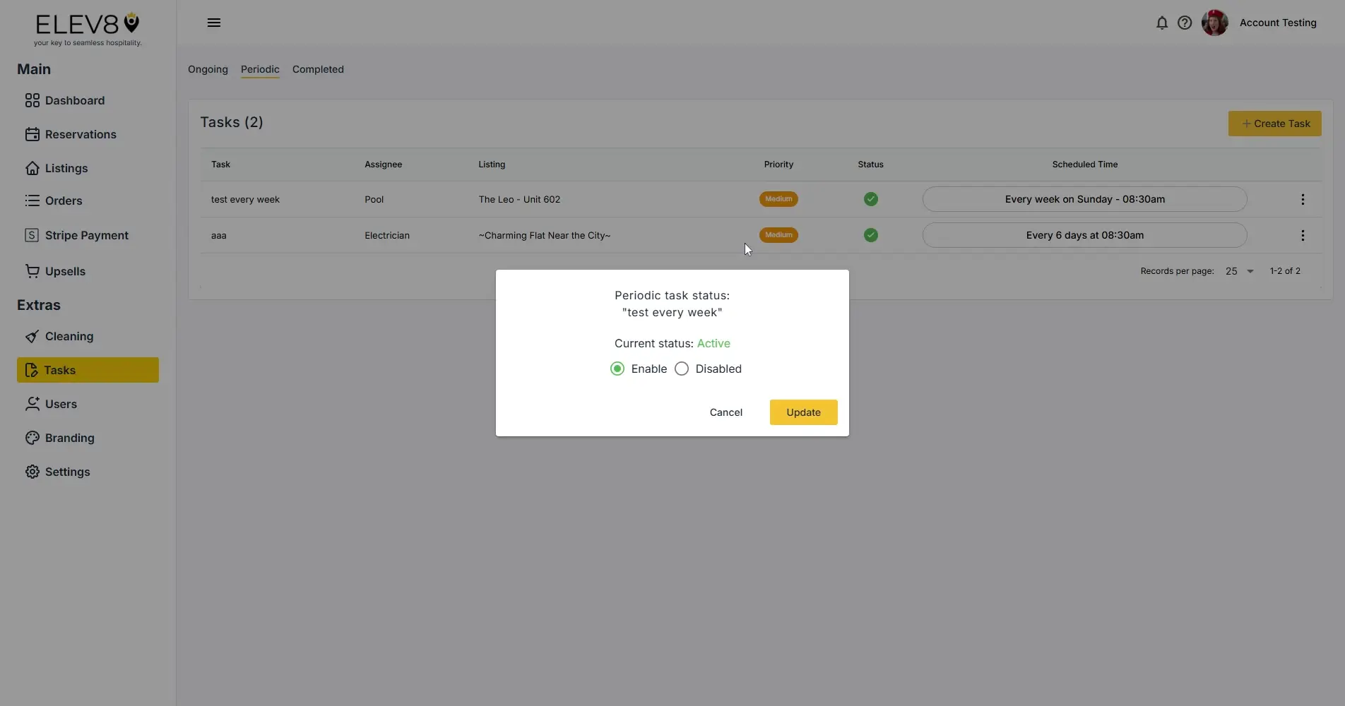 ELEV8 platform Tasks section showing periodic tasks with a pop-up for task status update.