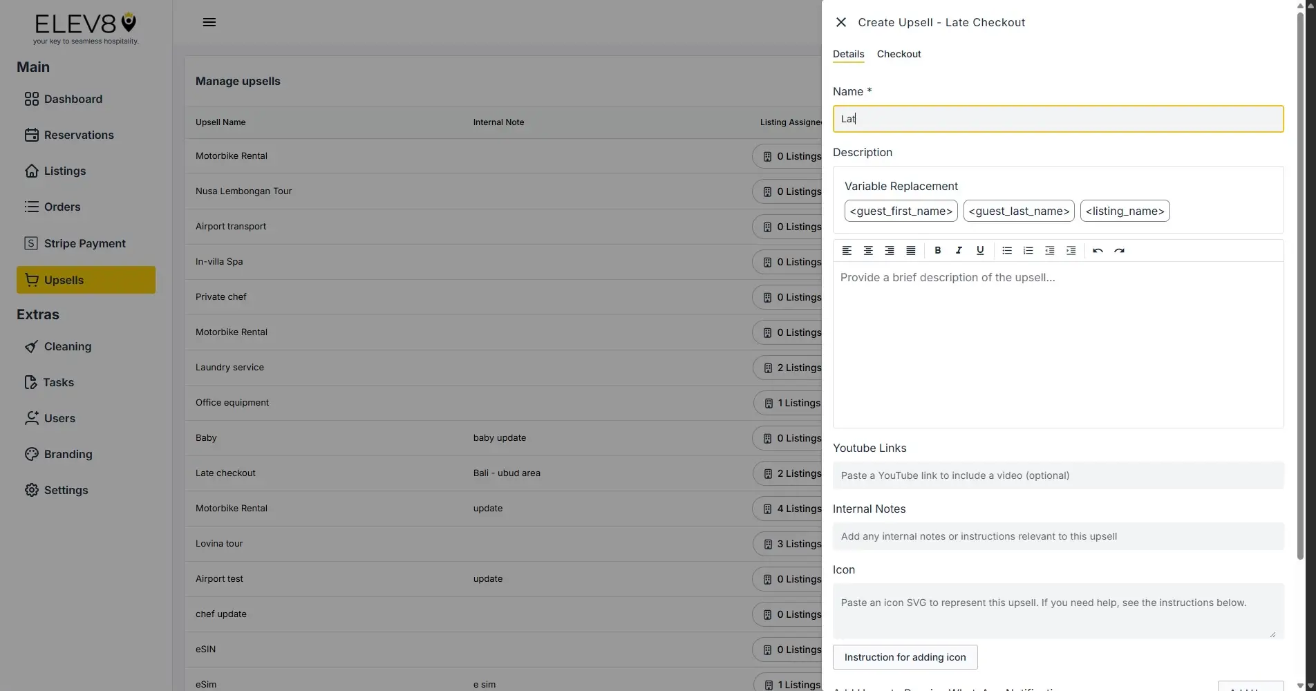 ELEV8 platform create upsell interface with navigation menu and upsell creation form.