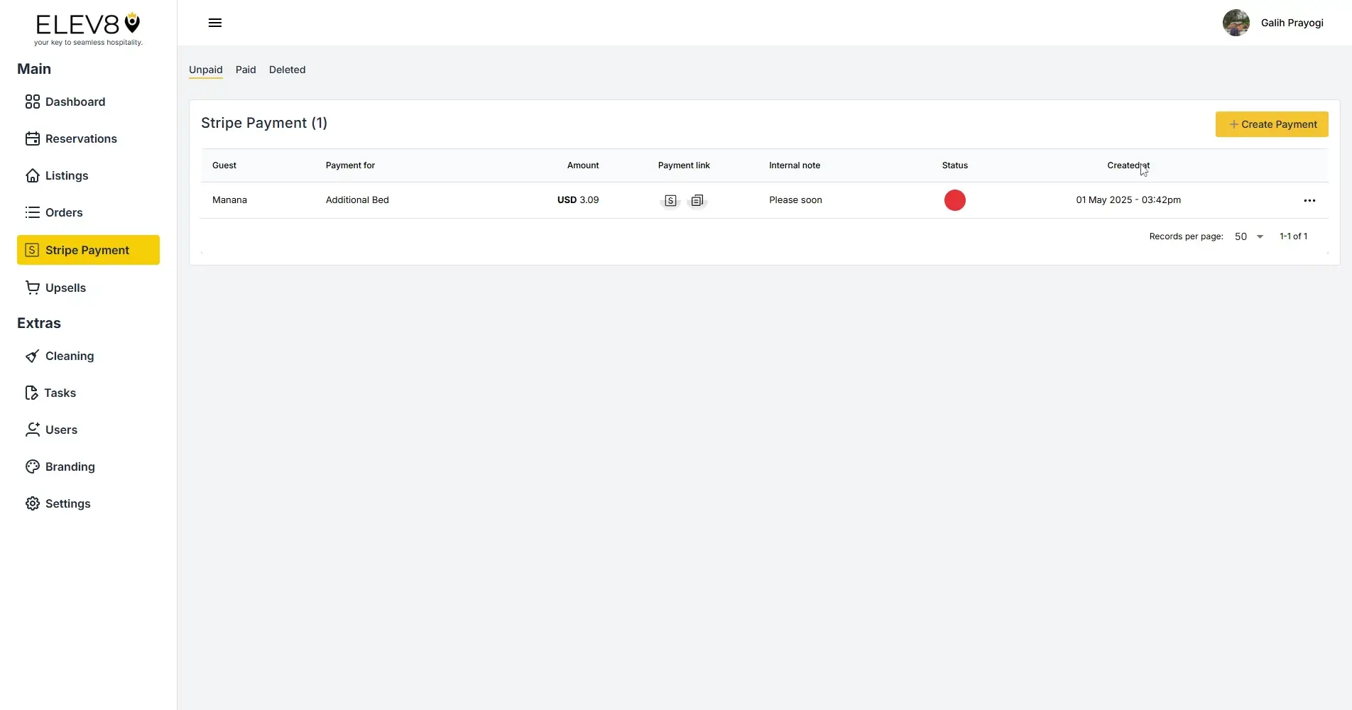 ELEV8 Stripe Payment management screen showing a payment entry for an additional bed.
