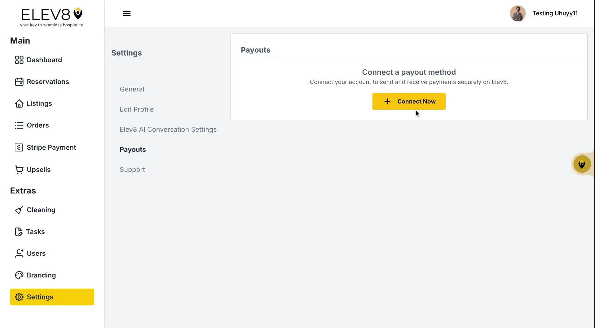 ELEV8 platform settings page showing payouts connection option.