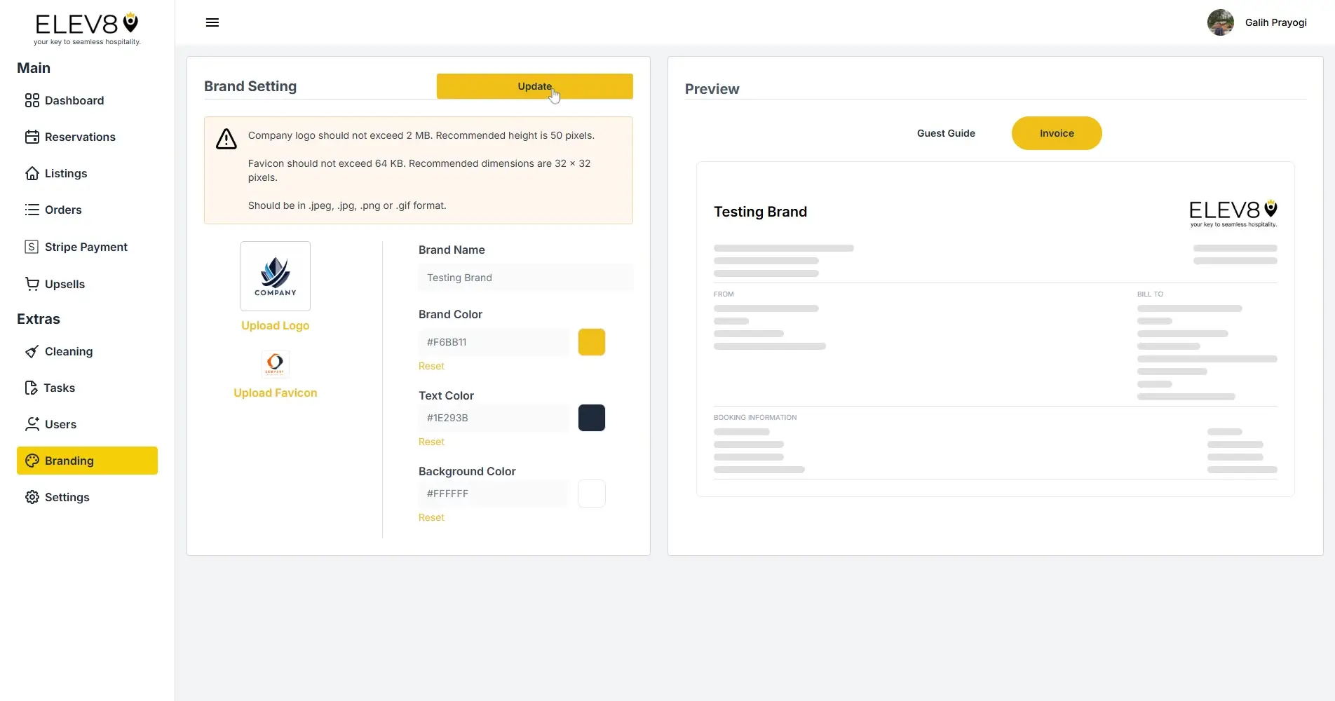 ELEV8 Branding page showing brand settings and invoice preview.