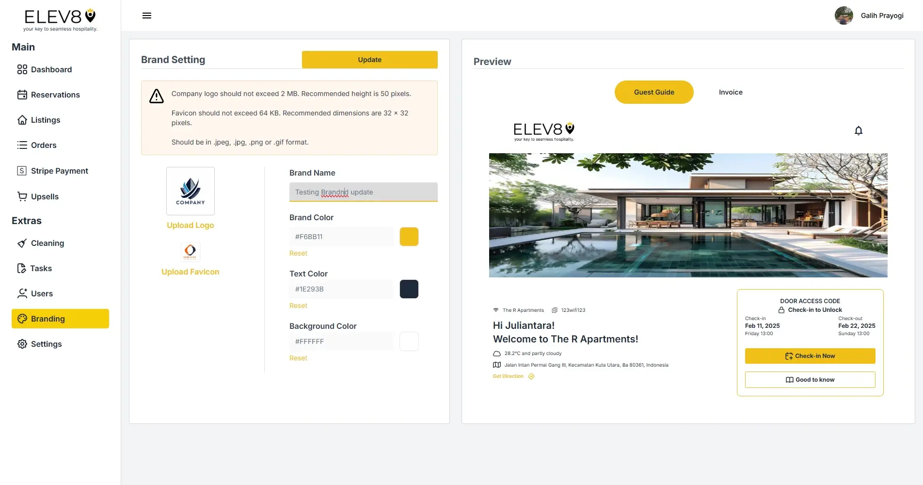 ELEV8 Branding Settings page with options to upload logo and favicon, set brand name and colors, and preview changes.