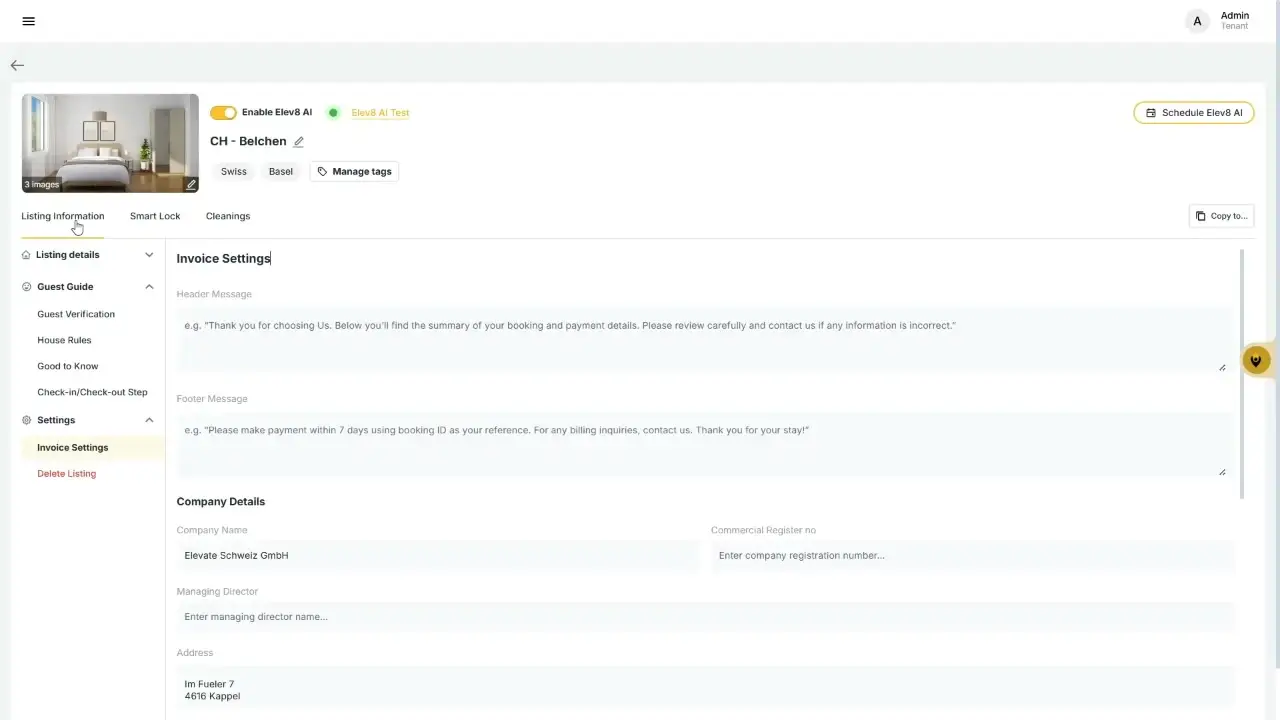 The user is on the Invoice Settings page for a listing named CH - Belchen. They can configure header and footer messages for invoices, as well as company details like name, managing director, and address.