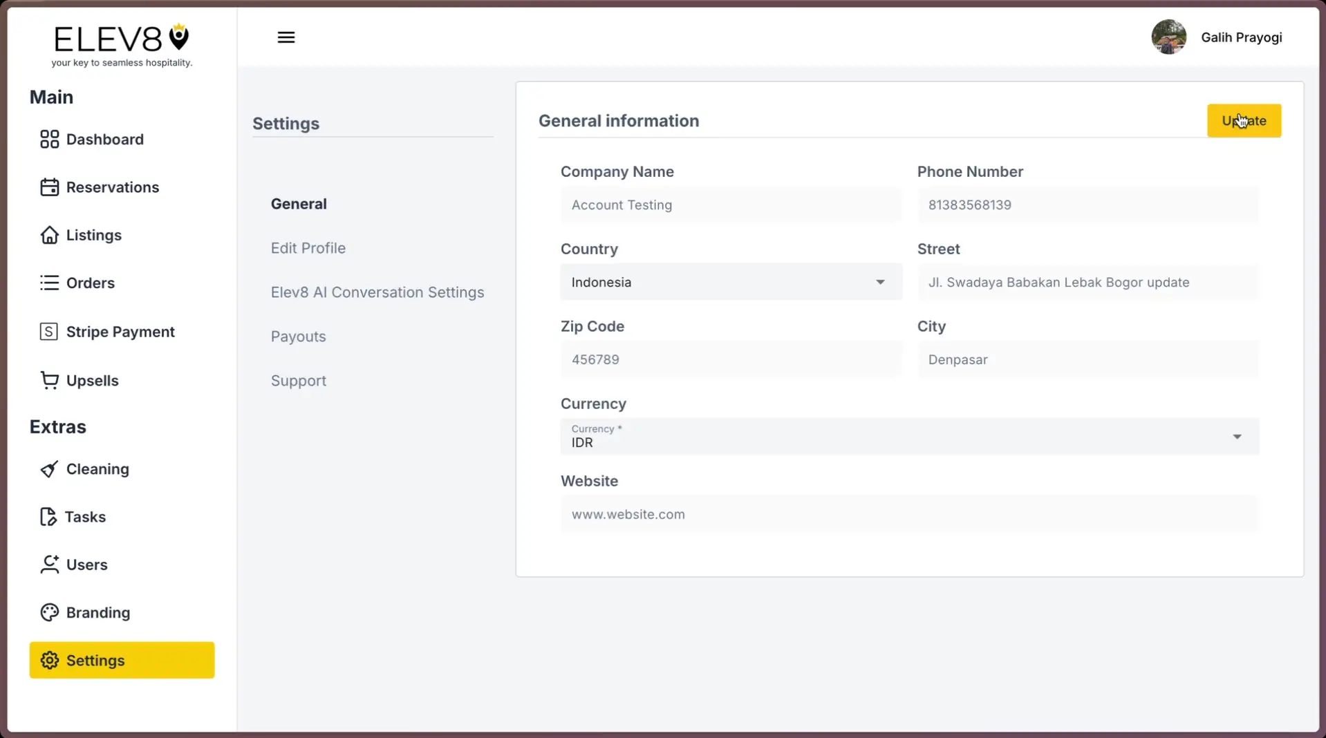 ELEV8 platform settings page showing general information fields and update button.