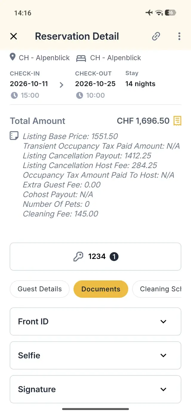 Reservation Detail screen for CH - Alpenblick in Elev8 Go app showing check-in and check-out dates, total amount, and document options.