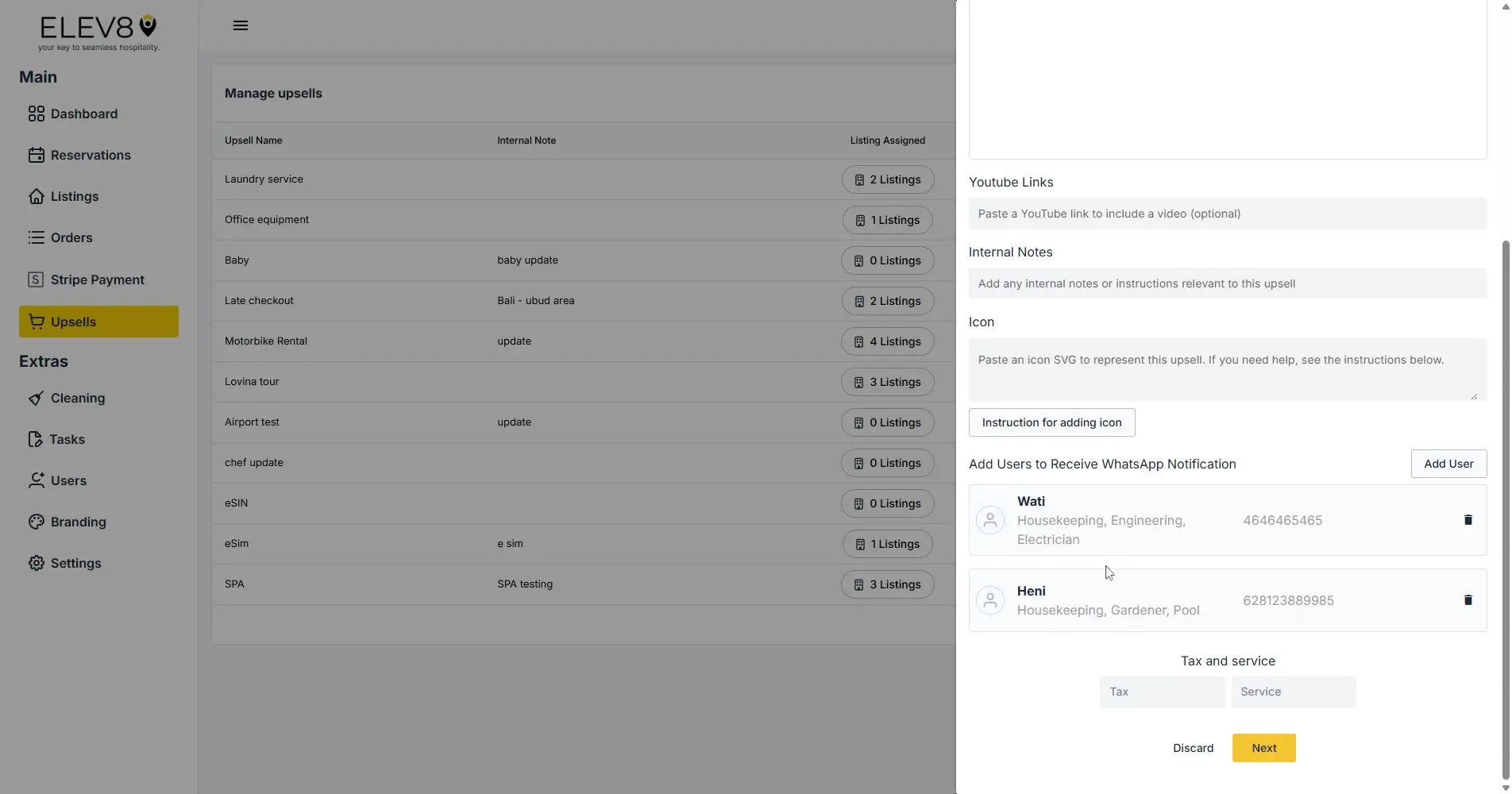 ELEV8 platform Manage Upsells screen with navigation menu and upsell management options.