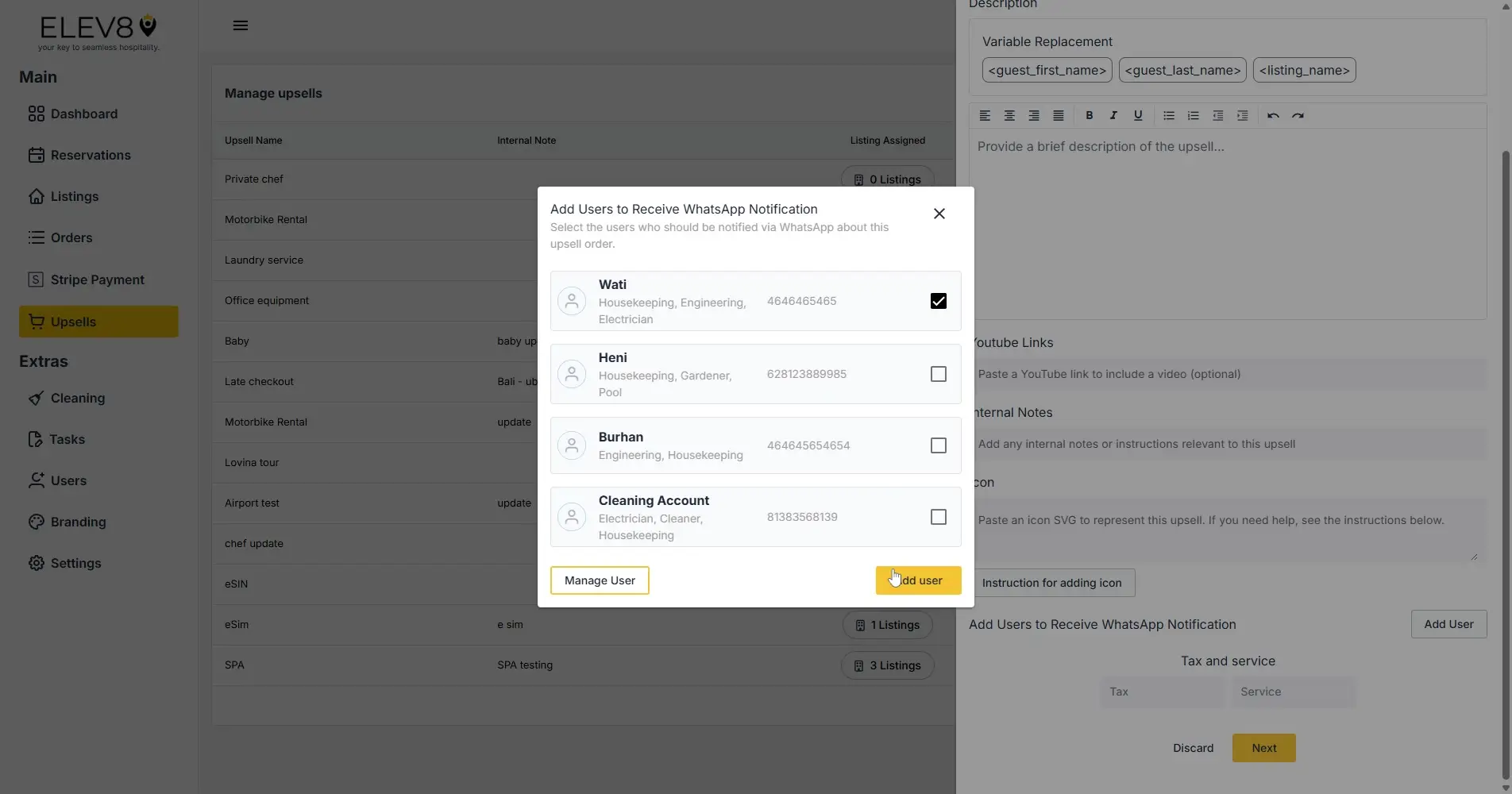 ELEV8 platform upsells management screen with WhatsApp notification user selection modal.