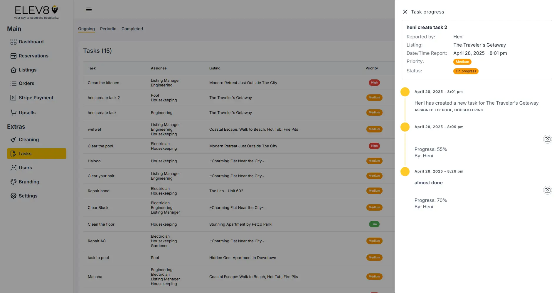 ELEV8 Tasks screen showing ongoing tasks and task progress details for 'heni create task 2'.