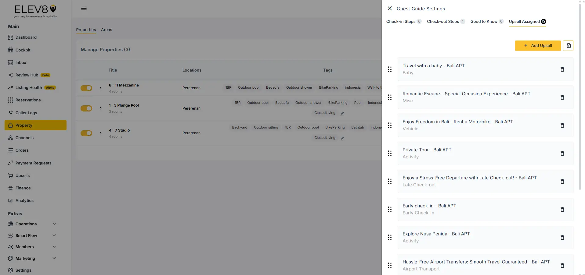 ELEV8 platform Guest Guide Settings screen showing property management and upsell options.