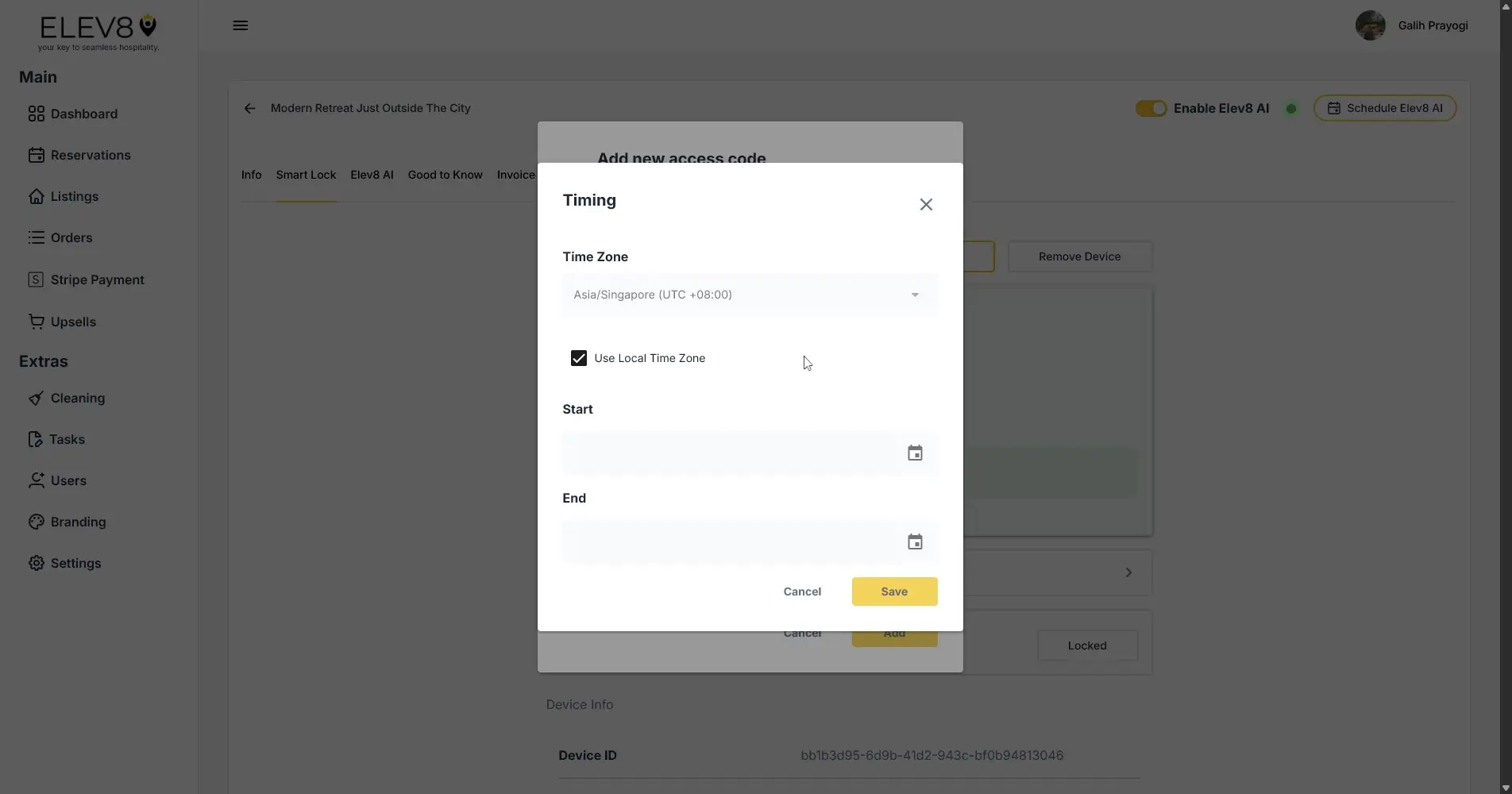 ELEV8 platform interface showing 'Add new access code' timing settings.