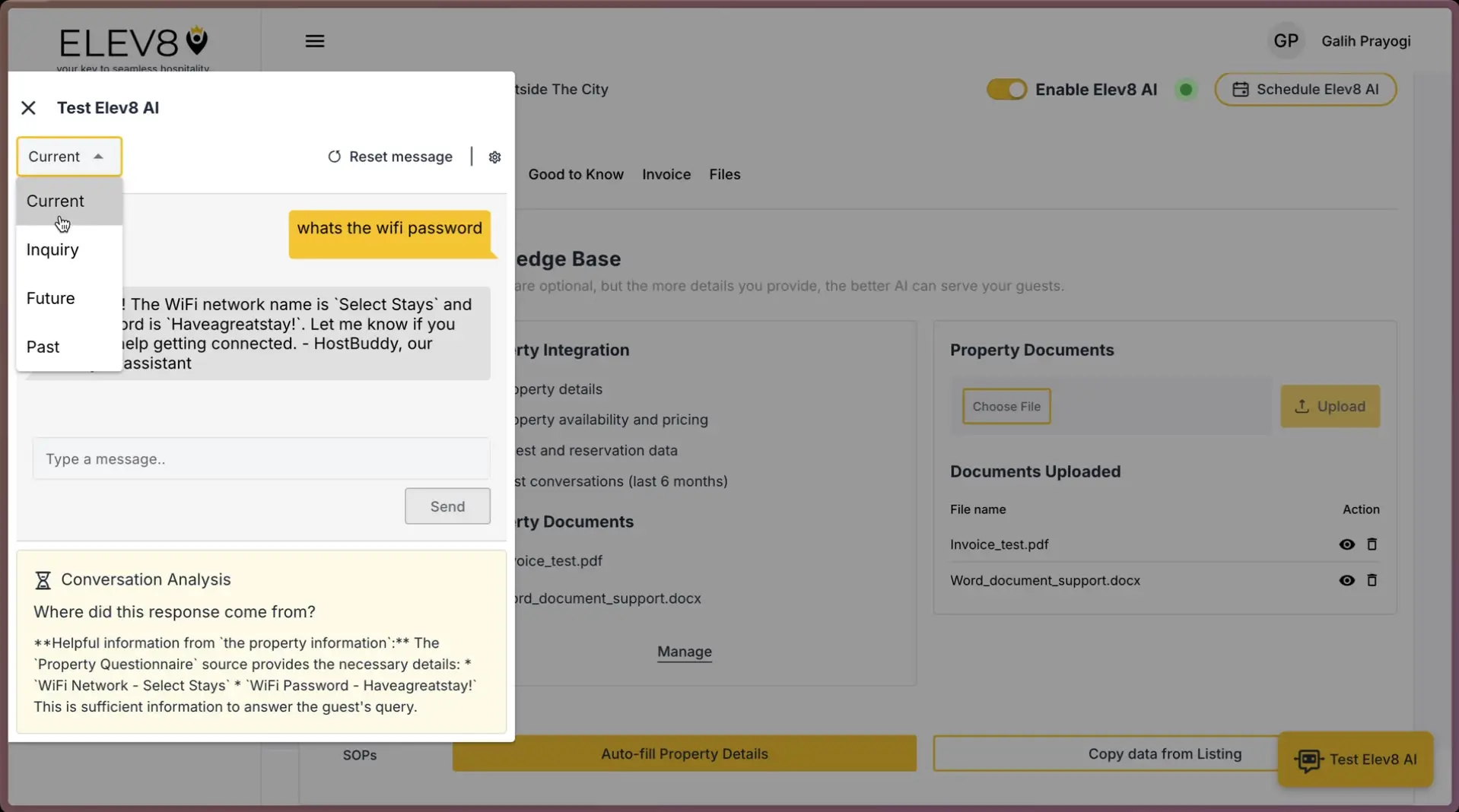 ELEV8 interface with Test Elev8 AI chat window and property document management.