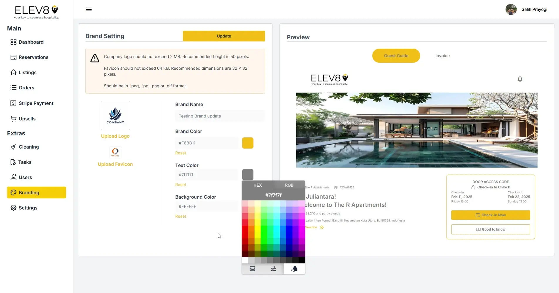 ELEV8 Branding section with brand settings and preview interface.