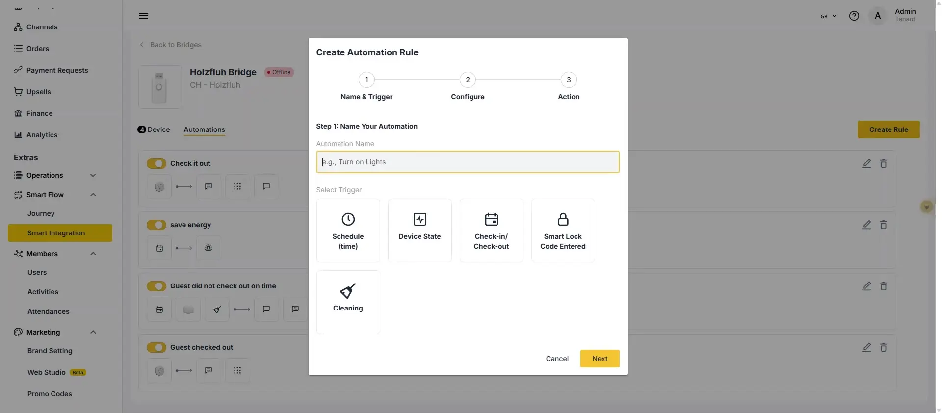 The user is creating a new automation rule for the Holzfluh Bridge. They have entered the automation name and are now selecting a trigger for the rule.