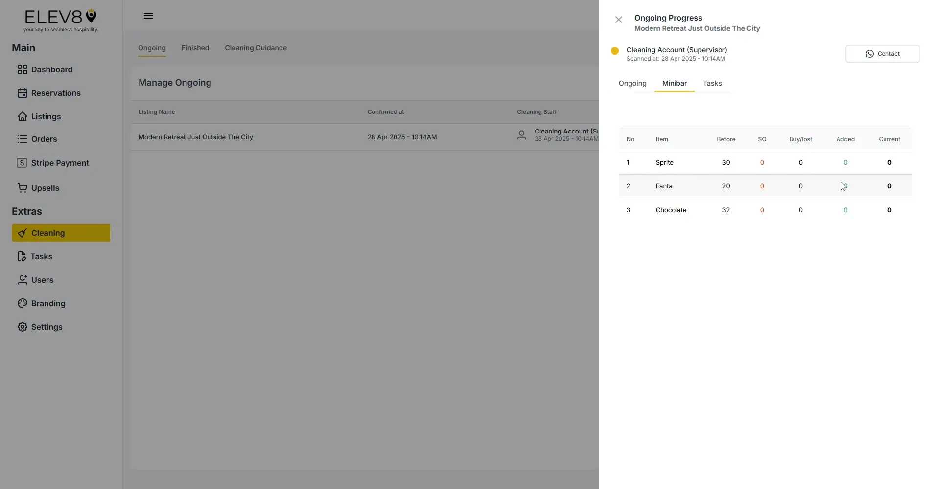 ELEV8 Cleaning section showing ongoing cleaning tasks for Modern Retreat Just Outside The City.