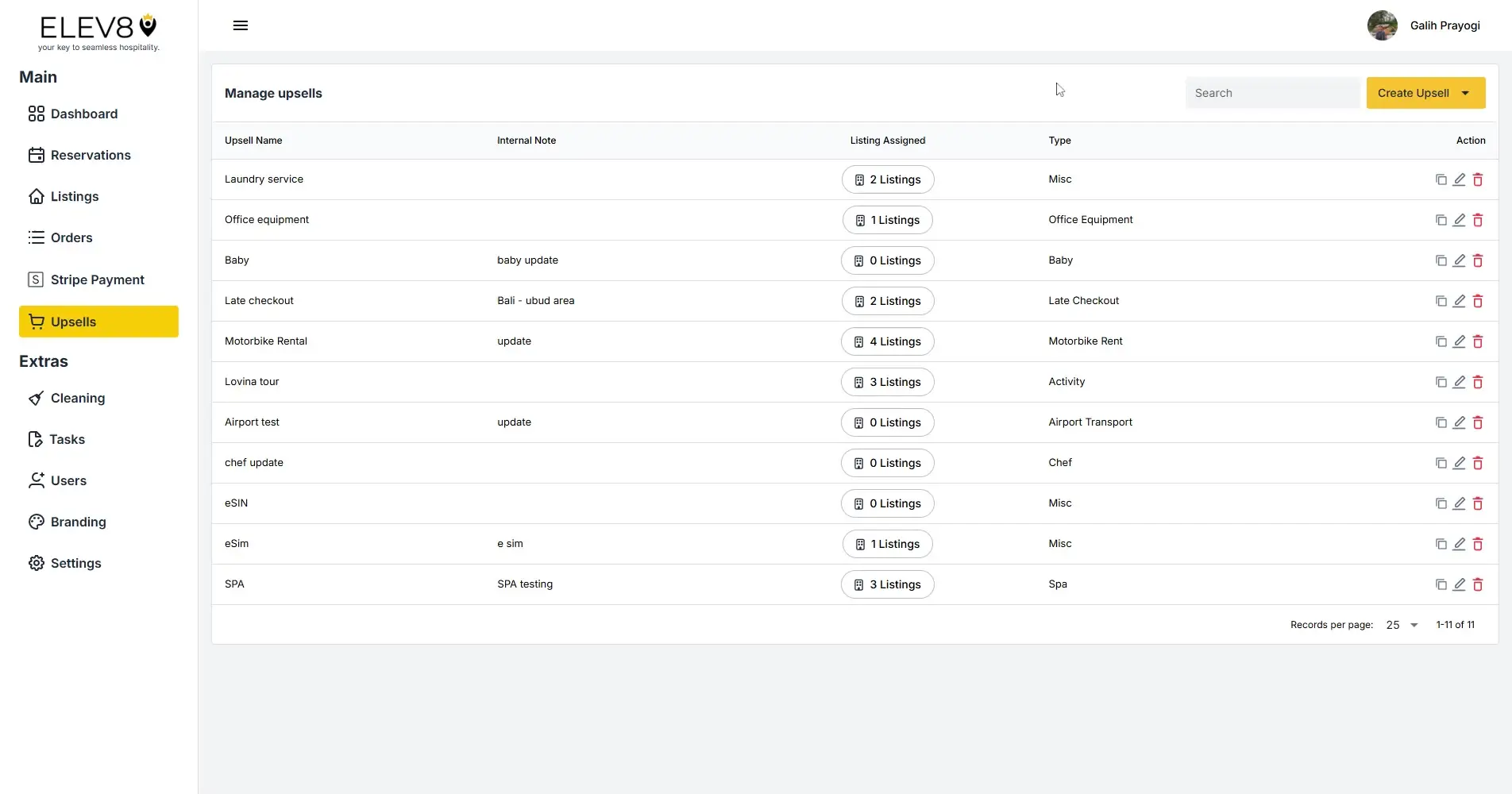 ELEV8 platform Manage Upsells page showing a list of upsells with options to edit or delete.