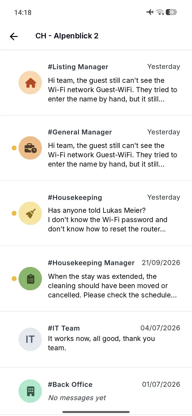 Elev8 Go mobile app inbox screen for CH - Alpenblick 2 showing messages from various departments.