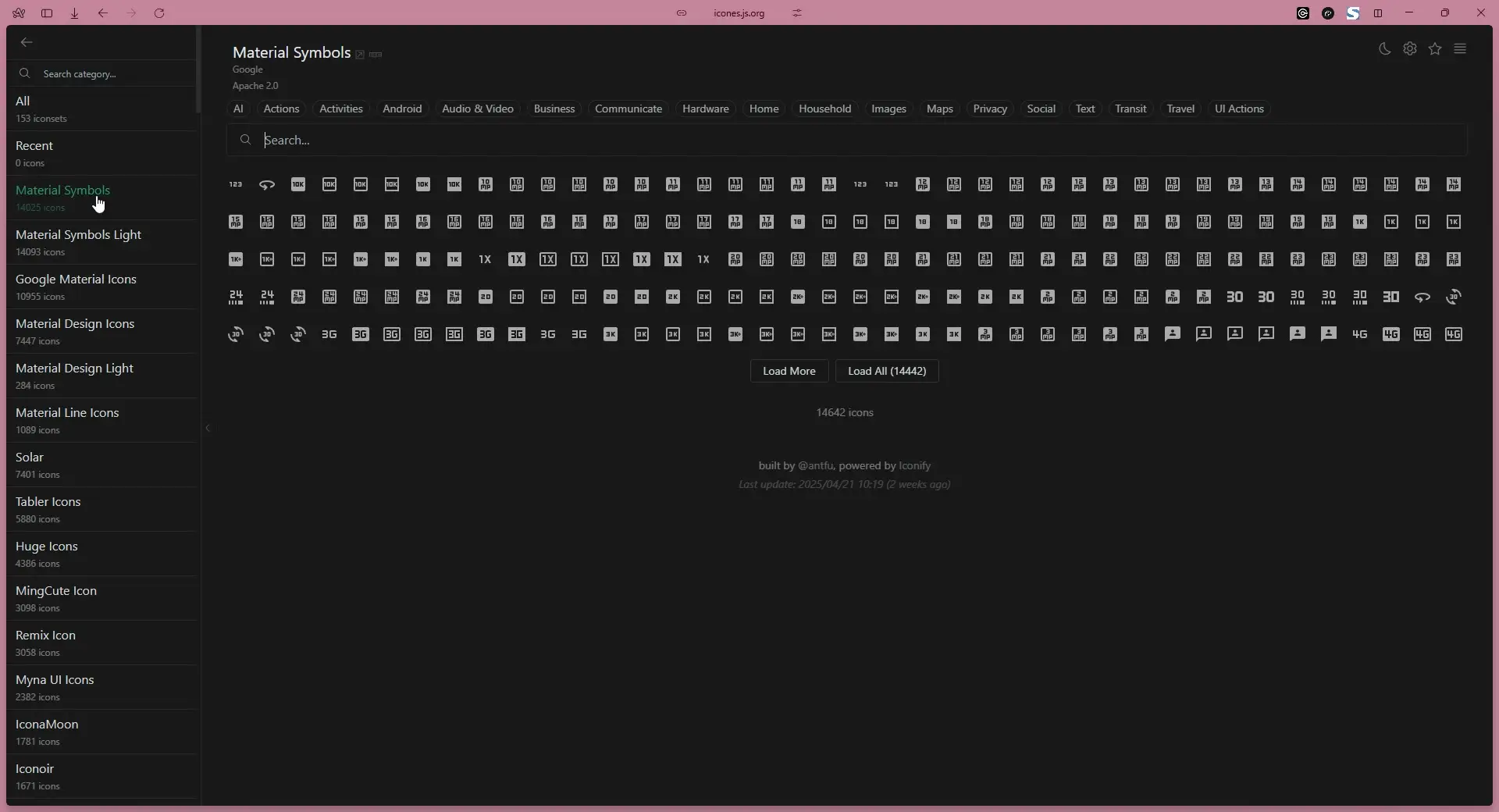 Icon browsing interface showing Material Symbols category with a grid of icons and options to load more.