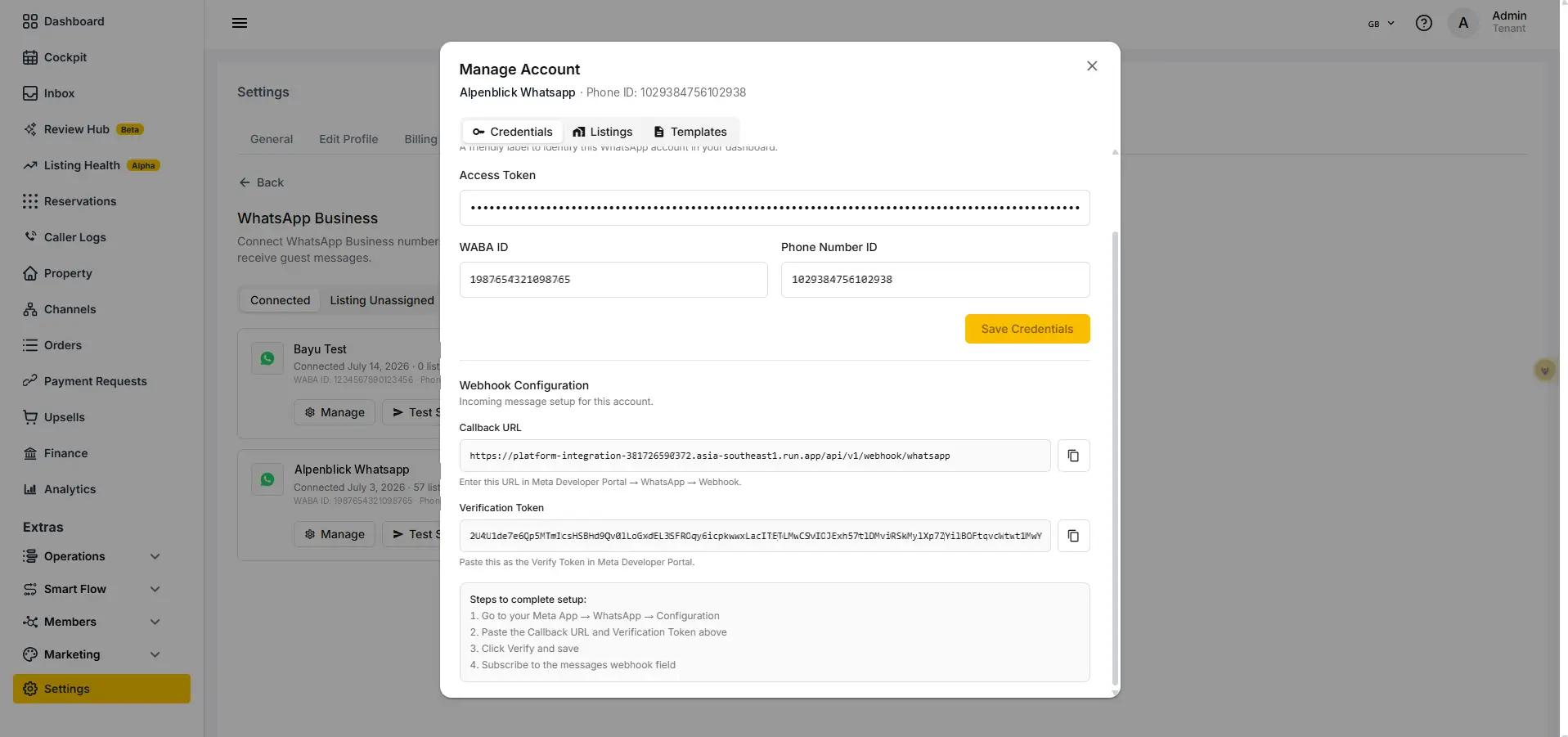 ELEV8 platform WhatsApp Business account management screen showing credentials and webhook configuration settings.