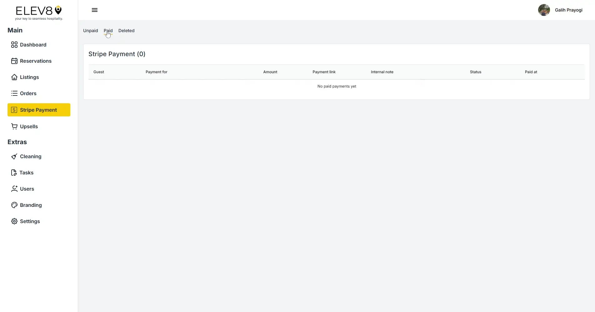 ELEV8 platform Stripe Payment section showing no paid payments.