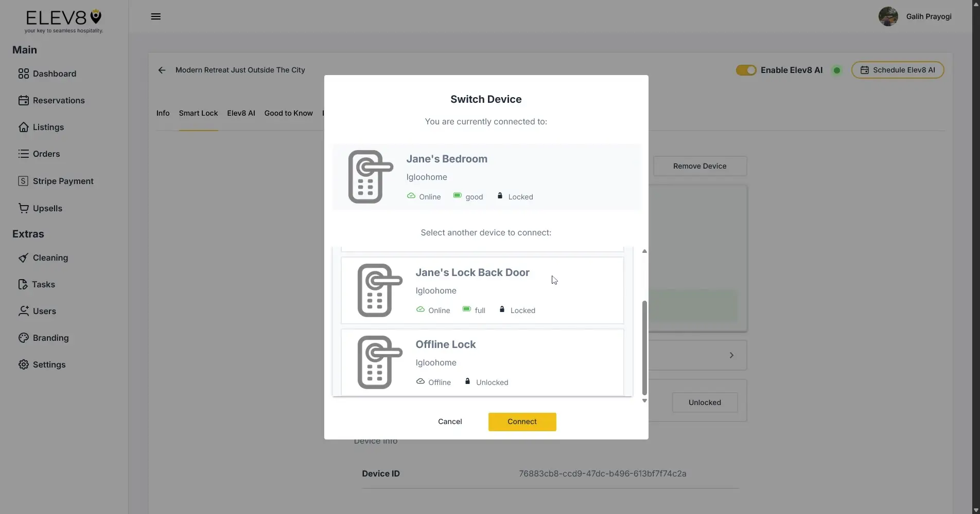 ELEV8 platform switch device interface showing smart lock management options.