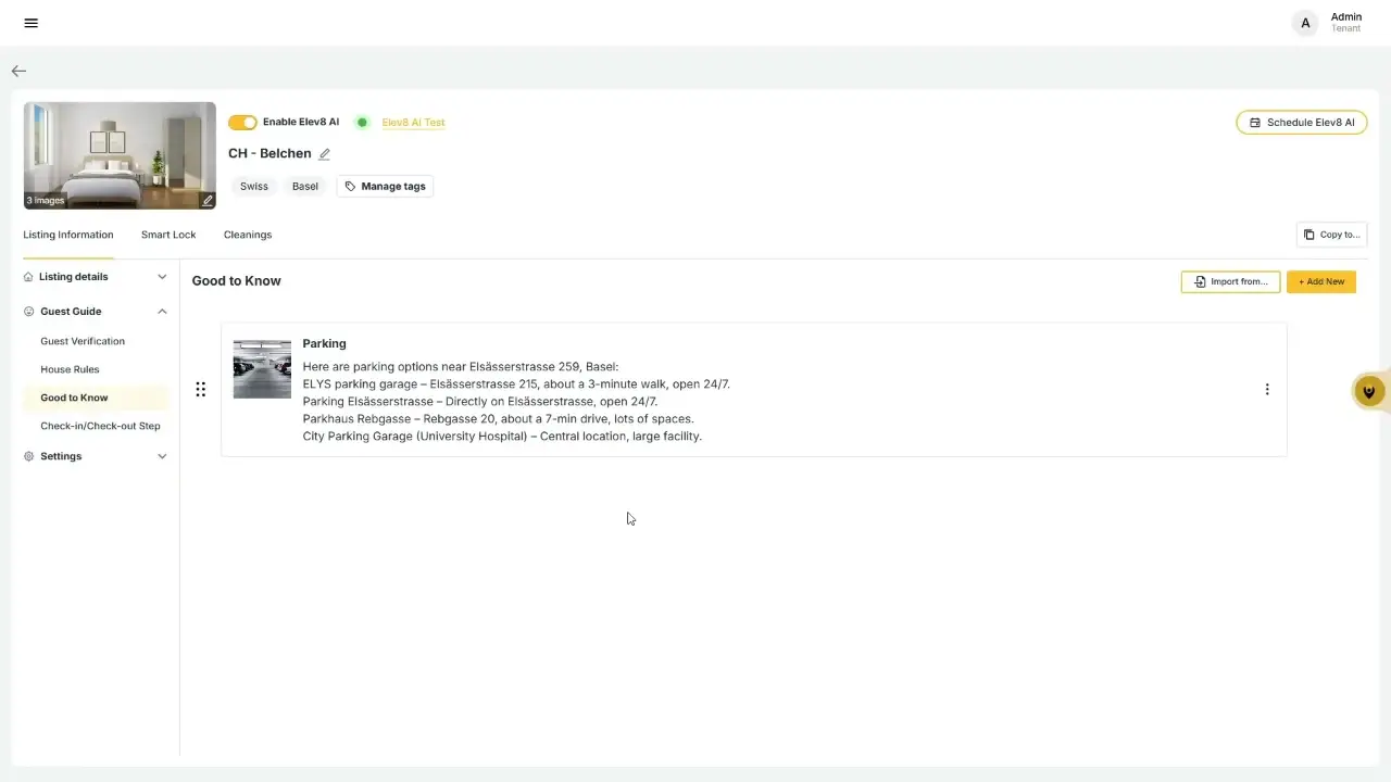 The user is viewing the "Good to Know" section for a listing in CH-Belchen. This section provides information about parking options near the listing, including specific garage names, addresses, and proximity.