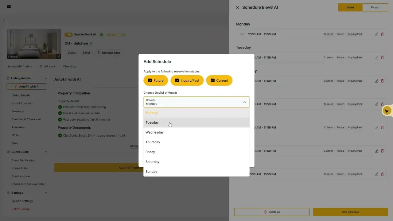 The user is configuring the schedule for Elev8 AI by selecting 'Tuesday' from the 'Choose Day[s] of Week' dropdown menu. This action is part of setting up the reservation stages for the AI.