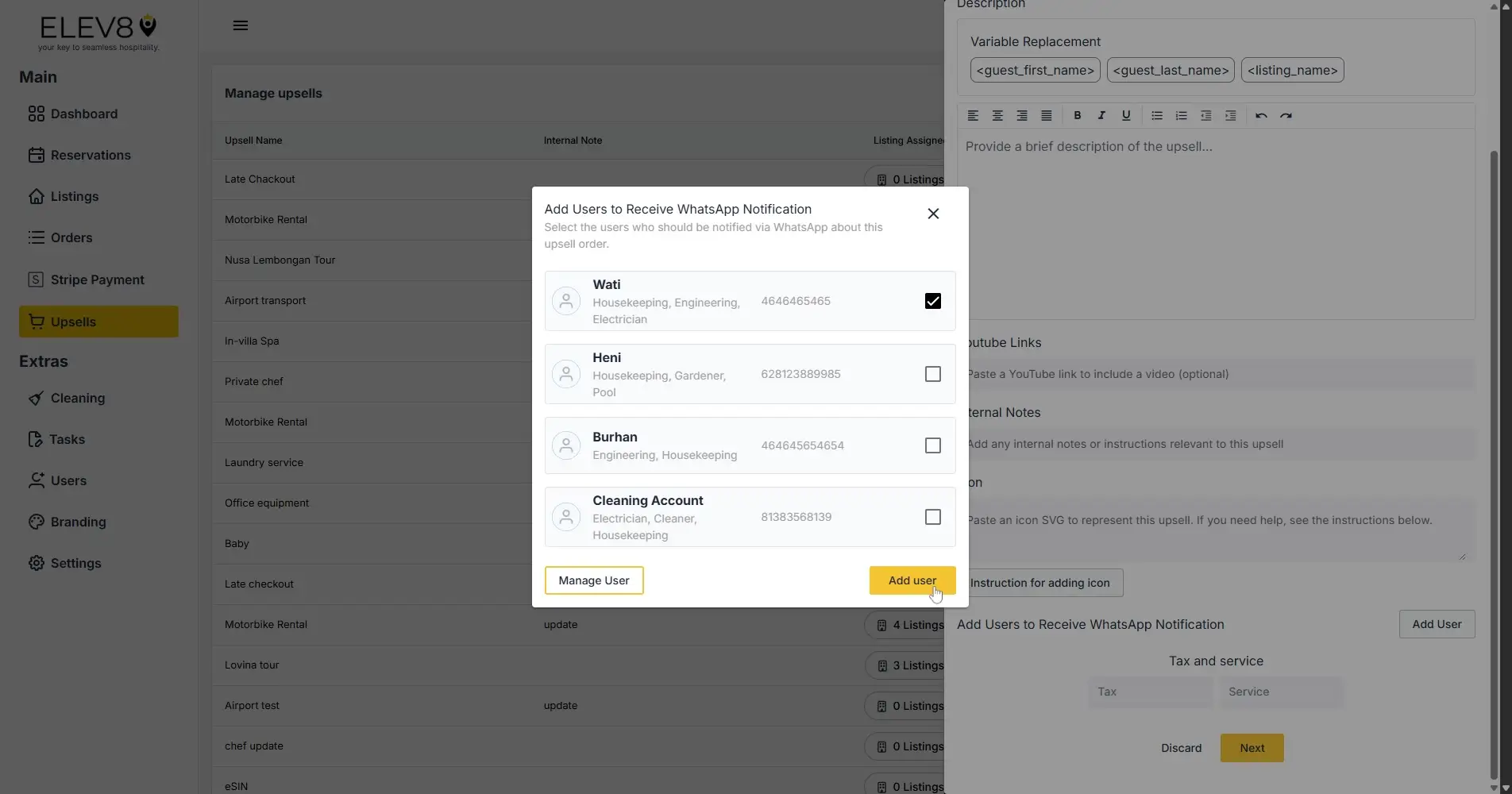 ELEV8 platform Manage Upsells section with Add Users to Receive WhatsApp Notification modal open.