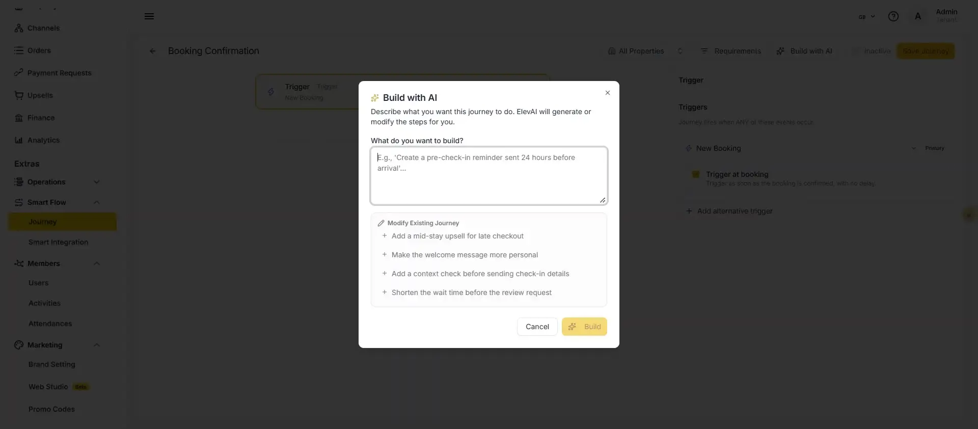 The user is interacting with the 'Build with AI' feature to describe a desired journey. They can input a description of what they want the AI to build or select from pre-defined options to modify an existing journey.