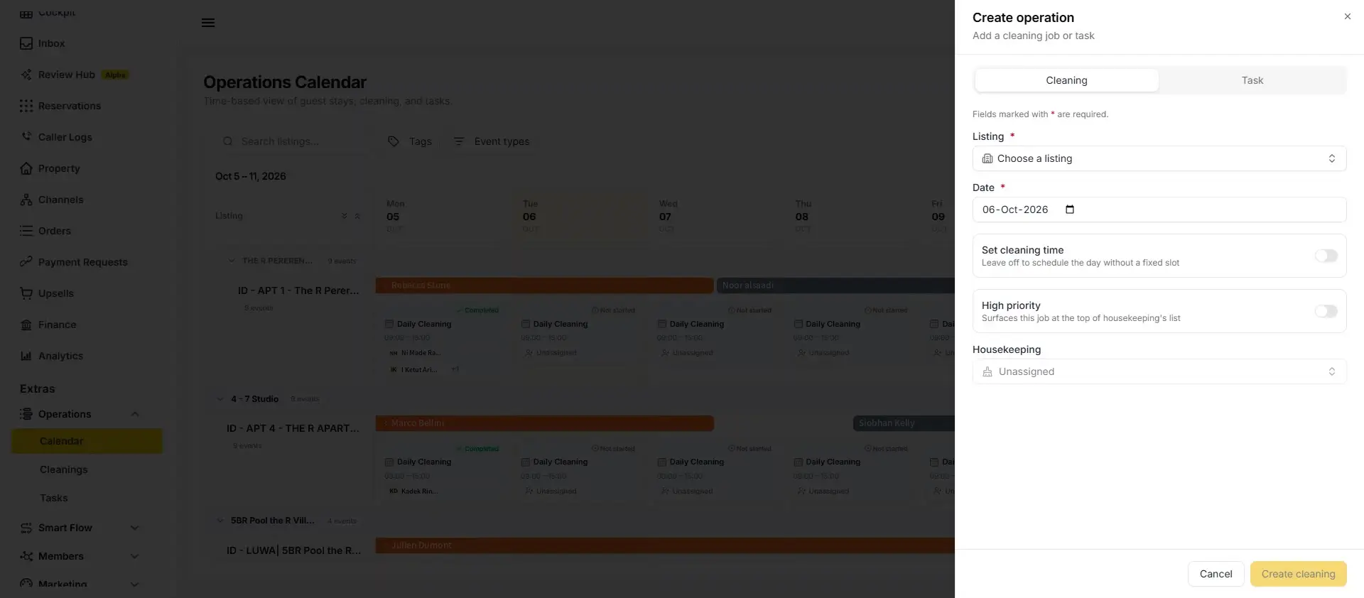 ELEV8 Operations Calendar with Create Operation panel open for scheduling cleaning tasks.