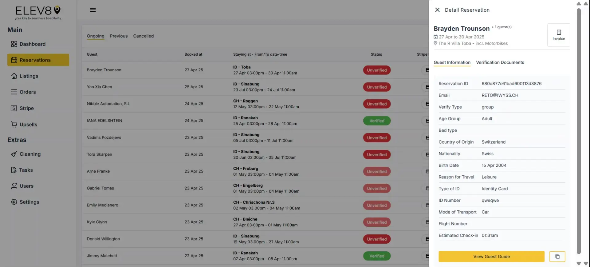 ELEV8 Reservations ongoing list with Brayden Trounson's reservation details open.